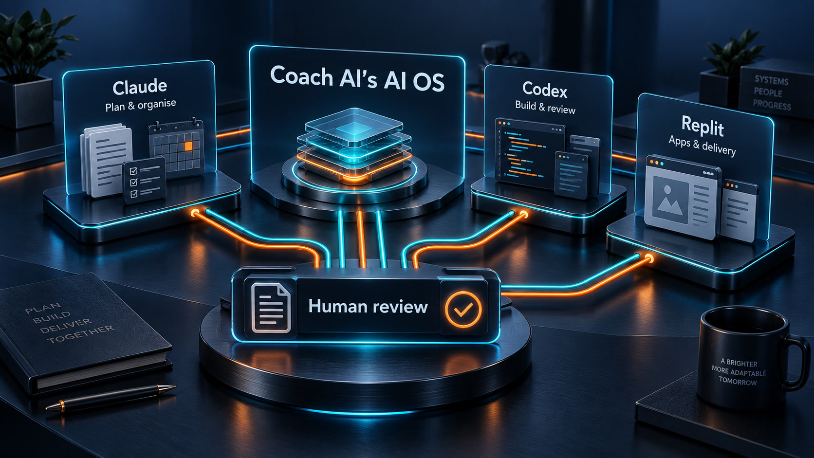 Concept illustration of Coach Al’s AI operating system: Claude for planning and organisation, Codex for building and review, and Replit for apps and delivery, connected through human review