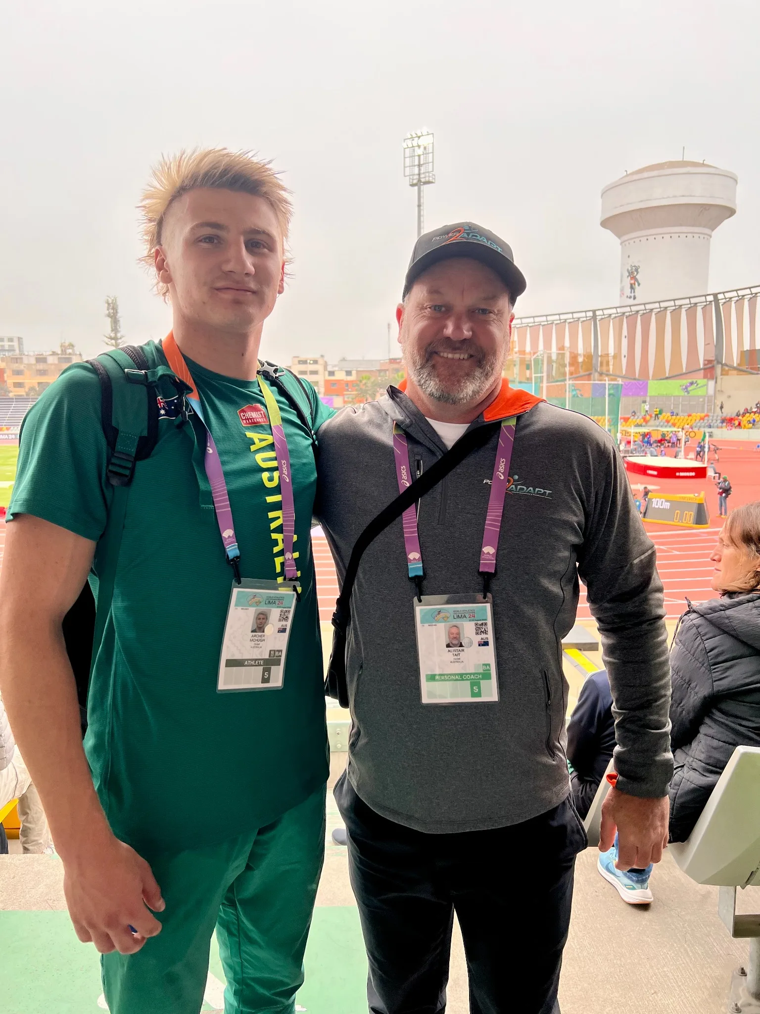 Archer McHugh and his personal coach Alistair Tait at the 2024 World Athletics U20 Championships in Lima, Peru